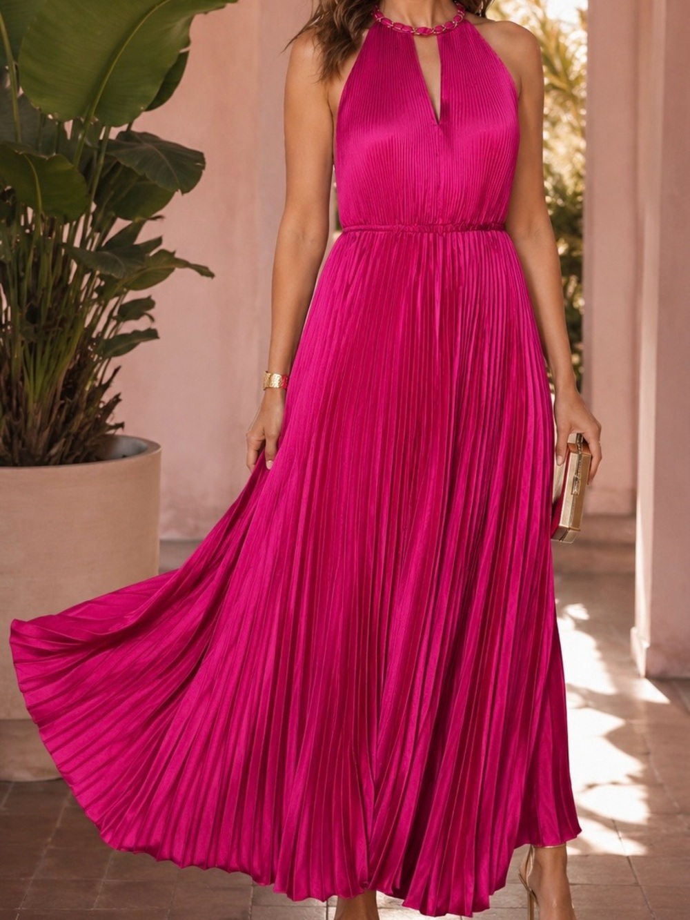 Milly ‘Kora’ Fuchsia Pink Accordion Pleated Satin Halterneck Maxi Dress Size 10 - Picture 1 of 16